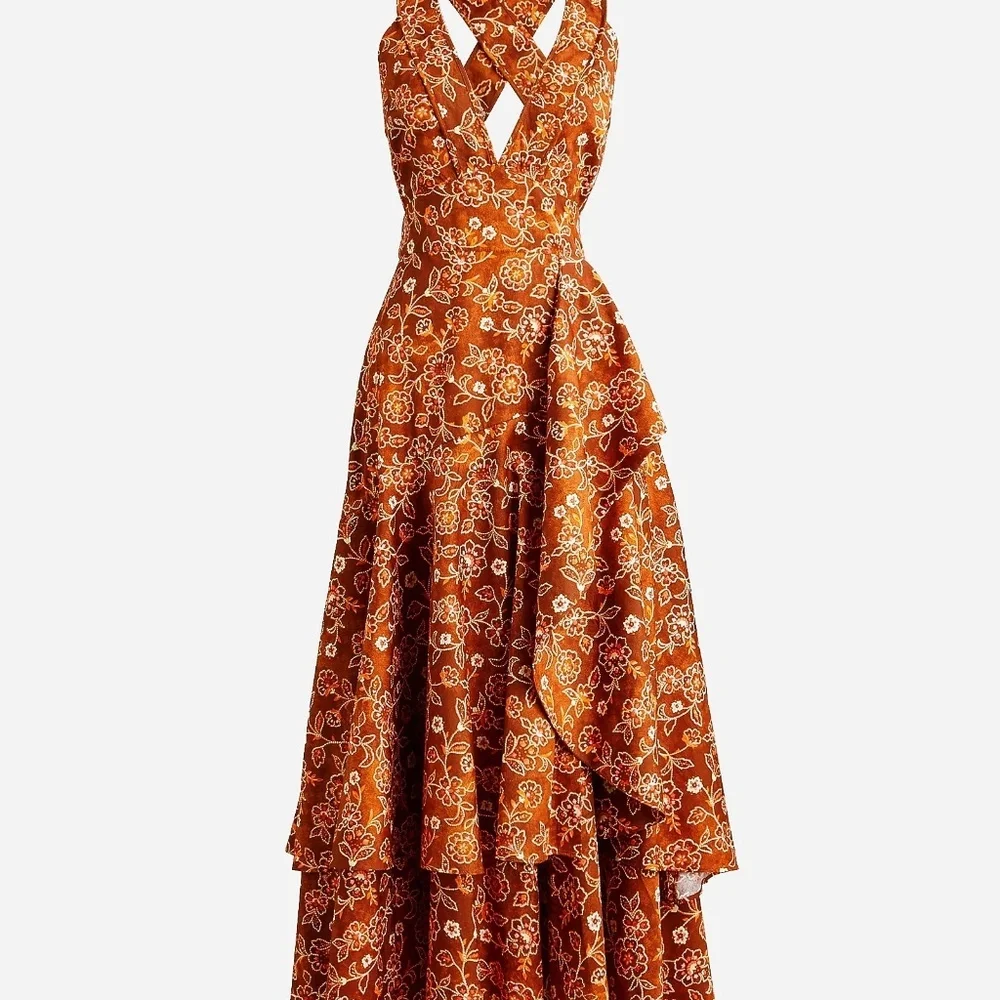 J. Crew Rust Floral Midi Dress with Pink and Cream Accents